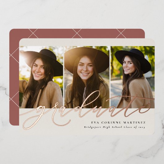 Het moderne manuscript afstuderen roos 3 foto afst folie uitnodiging (Voorkant / Achterkant)