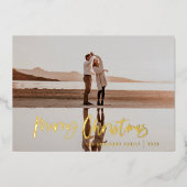 Het moderne, minimale fotoblauw kerstscript folie feestdagenkaart (Voorkant)