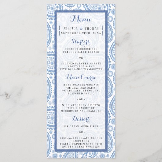 Het moderne Paisley Wedding Collectie - Blauw Menu (Voorkant)