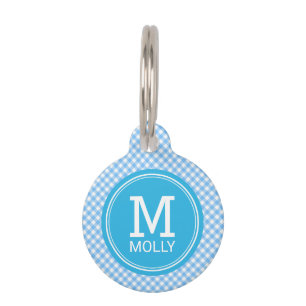 Het Monogram Country Baby Blue Gingham personalise Huisdierpenning