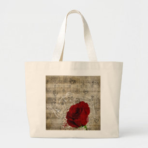 Het mooie rood nam muzieknotenwerveling langzaam grote tote bag