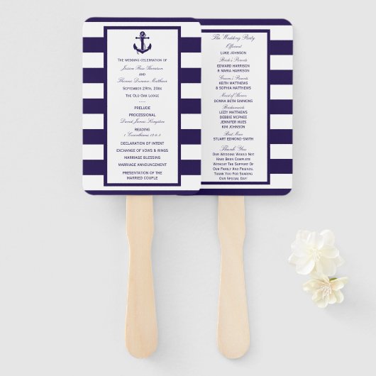 Het Nautical Anchor Navy Stripe Wedding Collectie Handwaaier (Voorkant en achterkant)
