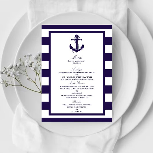 Het Nautical Anchor Navy Stripe Wedding Collectie Menu