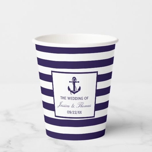 Het Nautical Anchor Navy Stripe Wedding Collectie Papieren Bekers (Voorkant)