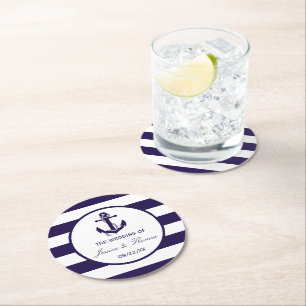 Het Nautical Anchor Navy Stripe Wedding Collectie Ronde Kartonnen Onderzetter