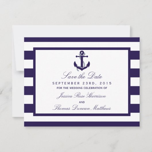 Het Nautical Anchor Navy Stripe Wedding Collectie Save The Date (Voorkant)