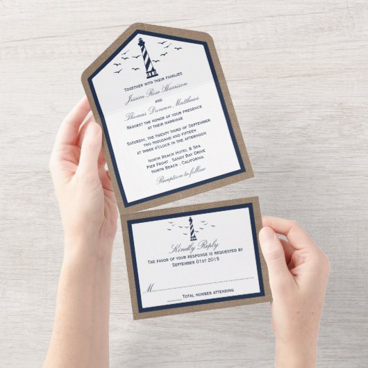Het Nautical Lighthouse Burlap Wedding Collectie All In One Uitnodiging (Afscheurbaar)