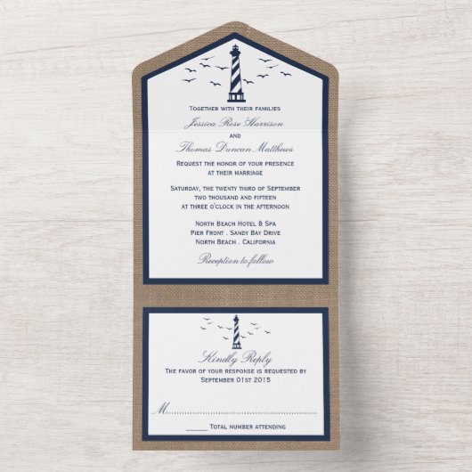 Het Nautical Lighthouse Burlap Wedding Collectie All In One Uitnodiging (Binnen)