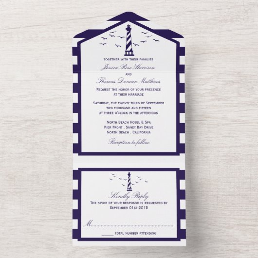 Het Nautical Lighthouse Wedding Collectie All In One Uitnodiging (Binnen)
