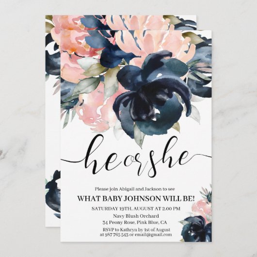 Het Navy and Blush gender onthullen uitnodiging. U Kaart (Voorkant / Achterkant)