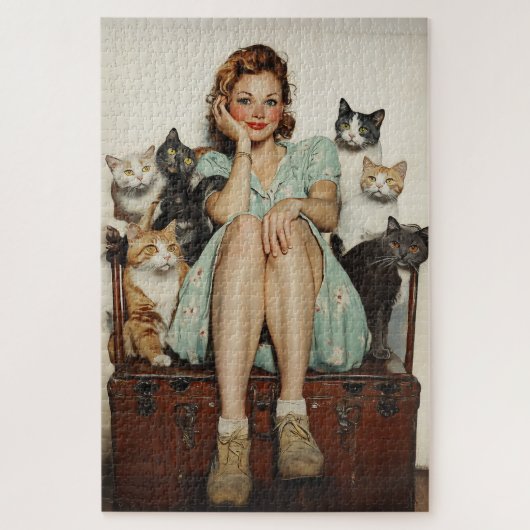 Het omarmen van de Retro Crazy Cat Lady Vibes Legpuzzel (Verticaal)