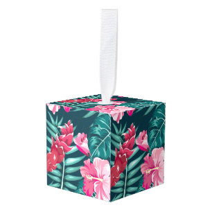 Het ontwerp van de Exotic Pink Flowers Kubus Ornament