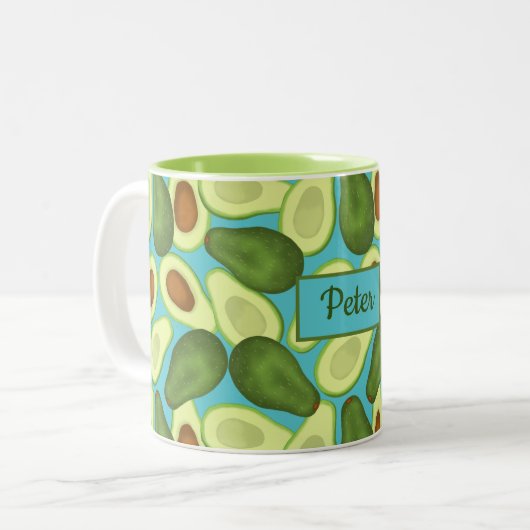 Het patroon van Avocados voegt jouw naam toe Tweekleurige Koffiemok (Voorkant links)