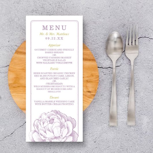 Het Peony Floral Wedding Collectie - Menu
