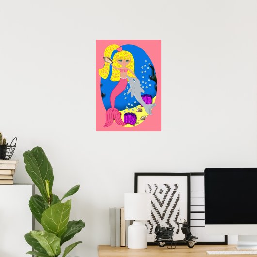 Het Poster Roze zeemeermin en Dolphin (Thuiskantoor)