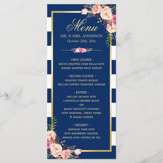 Het prachtige menu van de Floral Navy Blue Striped (Voorkant)