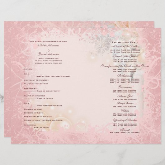 Het programma van de bruiloft roze witte vleugje (Voorkant / Achterkant)