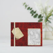 het rode antiek fotomalplaatje van het label briefkaart (Staand voorkant)