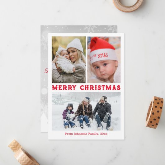 het rode kerstscript drie foto ' s collage notitiekaartje (Voorkant / Achterkant in situ)