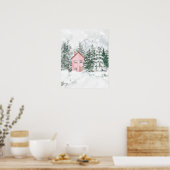 Het roze huisje in het besneeuwde bos poster (Keuken)