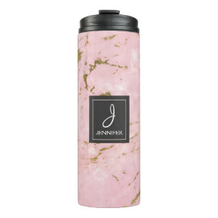 Het roze nam Gouden Marmeren Elegant Monogram toe Thermosbeker
