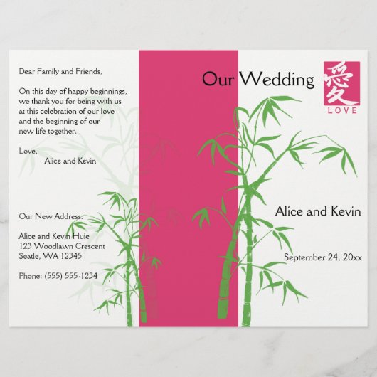 Het roze, Witte en Groene BamboeWedding Programma (Voorkant)