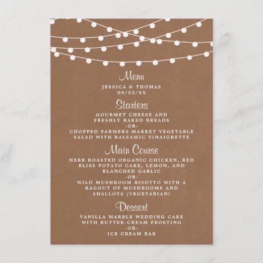 Het Rustic Kraft String Lights Wedding Collectie Menu (Voorkant)