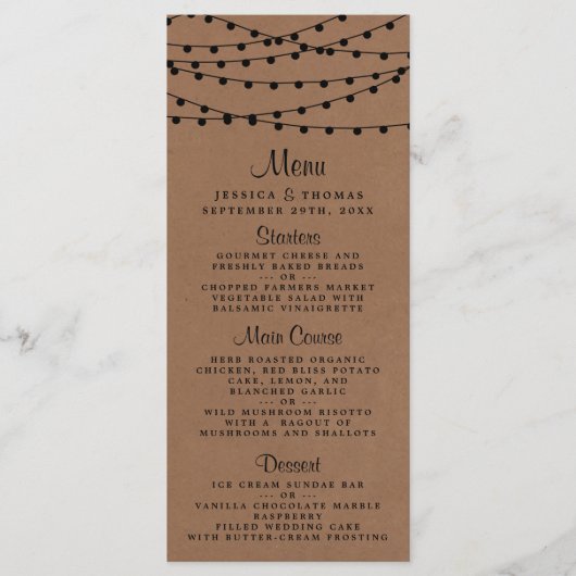 Het Rustic Kraft String Lights Wedding Collectie Menu (Voorkant)