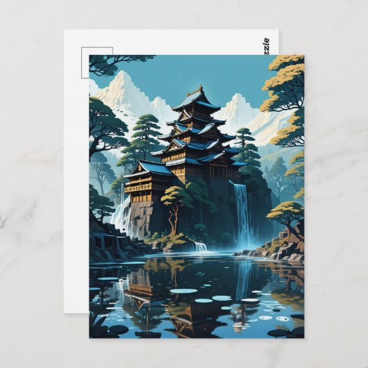 Het schilderen van een Japans Monestry met bomen e Briefkaart (Voorkant / Achterkant)