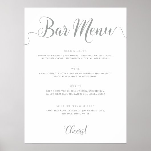 Het Silver Bar Menu Wedding Drinken Menu Poster (Voorkant)