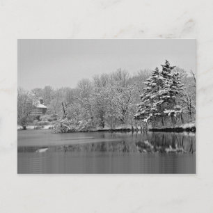 Het sneeuwt over het meer, monochroom panoramisch briefkaart