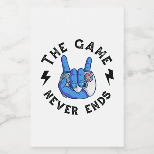 Het spel eindigt nooit voedselcontainer etiket (Enkel label)