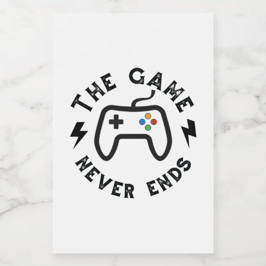 Het spel eindigt nooit voedselcontainer etiket (Enkel label)