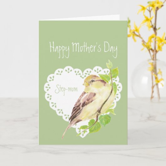 Het stap-Mamma van het moederdag de Leuke Vogel Kaart (Gele Bloem)
