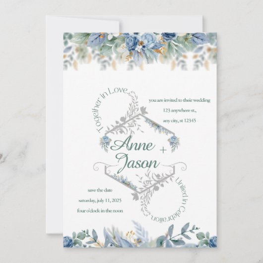 Het Stof Blauwe Bloemige Trouw Uitnodiging (Voorkant)