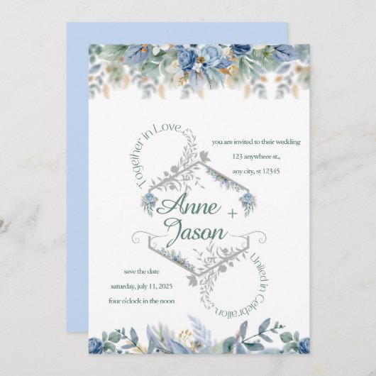 Het Stof Blauwe Bloemige Trouw Uitnodiging (Voorkant / Achterkant)
