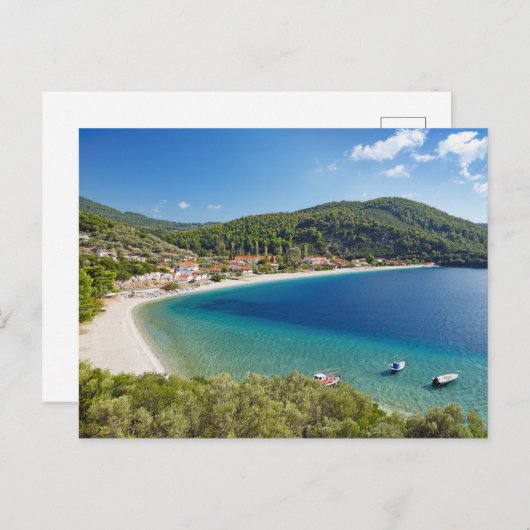 Het strand Panormos van het eiland Skopelos, Griek Briefkaart (Voorkant / Achterkant)