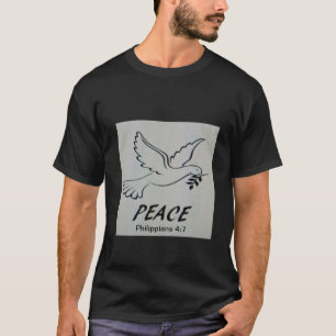 Het T-shirt toont ons logo duif en schriftuur.