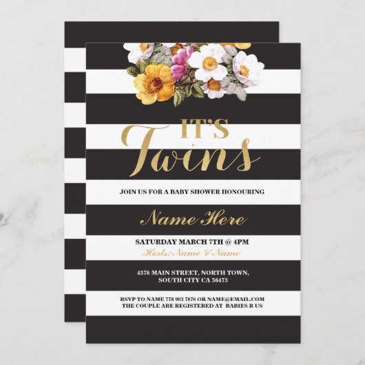 Het Tweeling Baby Shower Streep Goud Bloemige Uitn Kaart (Voorkant / Achterkant)