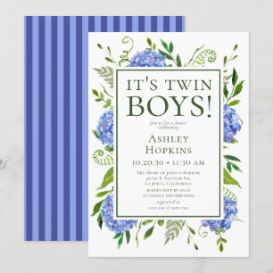 Het Tweeling Jongens Blauwe Hortensia Baby Shower Kaart
