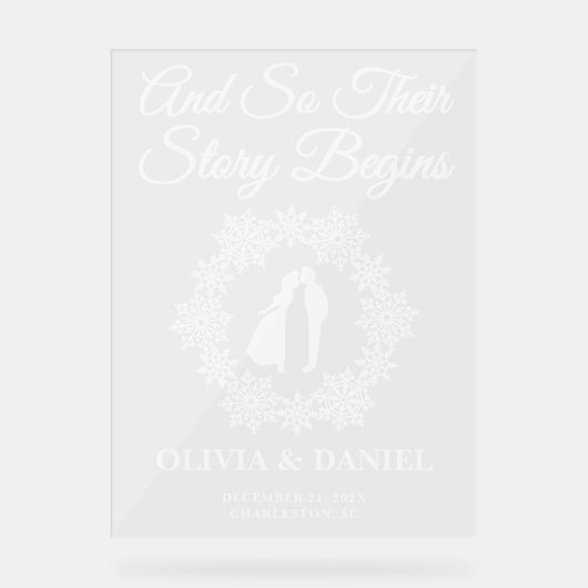 Het verhaal begint Snowflake Winter Wedding Welkom Acryl Bord (Voorkant)