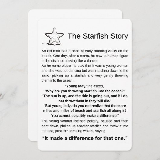 Het verhaal van de zeesterren. Zeesterren gedicht. (Voorkant / Achterkant)