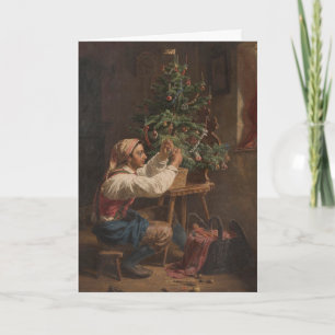 Het versieren van de kerstboom vintage schilderij kaart