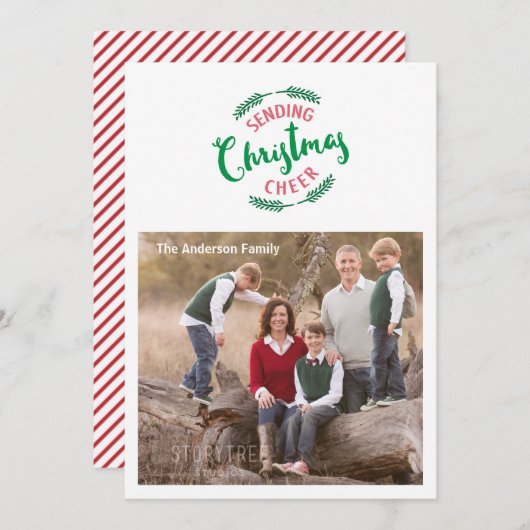 Het verzenden van Kerstmis Cheer & Pine takken, fo Feestdagenkaart (Voorkant / Achterkant)