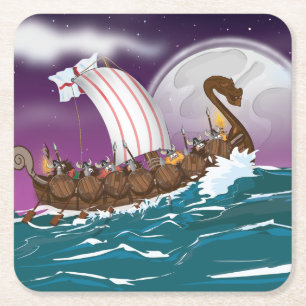 Het Vikingschip Cartoon Vierkante Kartonnen Onderzetter
