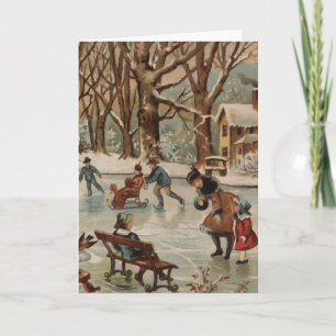 Het vintage de scèneijs van Kerstmis schaatsen Feestdagen Kaart