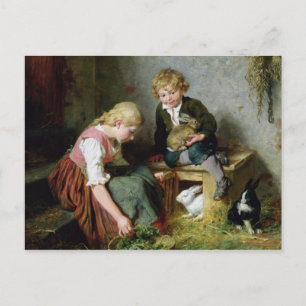 Het voeden van konijnen briefkaart