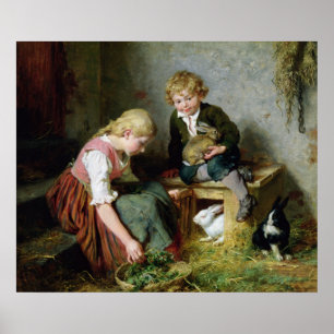 Het voeden van konijnen poster