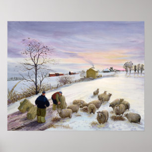 Het voederen van schapen in de winter poster