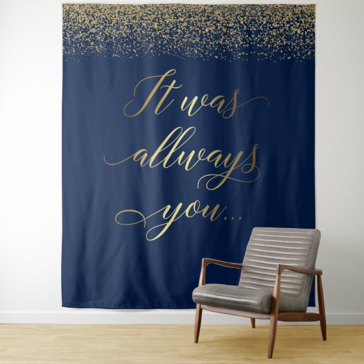 Het was altijd jij tex Blauwe glinsterende trouwba Wandkleed (In situ)